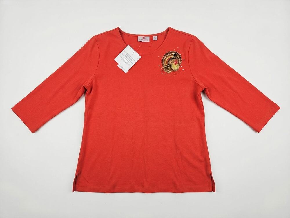 NEW Quacker Factory M Thanksgiving Turkey Orange Shirt Embroidered Autumn